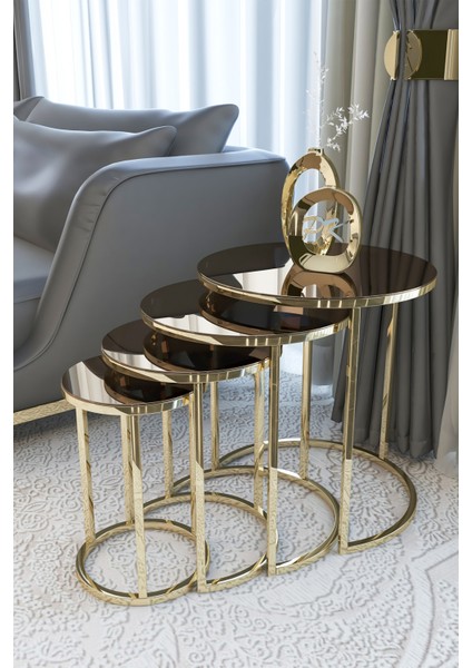 Ceylin 4lü Zigon Sehpa Gold Renk Metal Ayak, Bronz Ayna