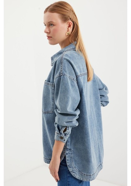 0694 Çift Cepli Oversize Denim Ceket - Buz Mavi