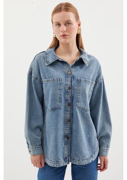 0694 Çift Cepli Oversize Denim Ceket - Buz Mavi