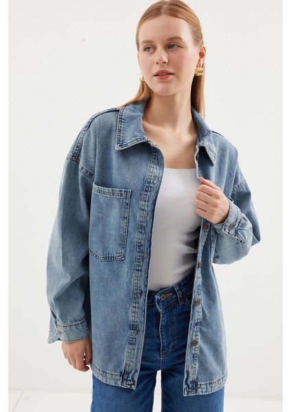 0694 Çift Cepli Oversize Denim Ceket - Buz Mavi