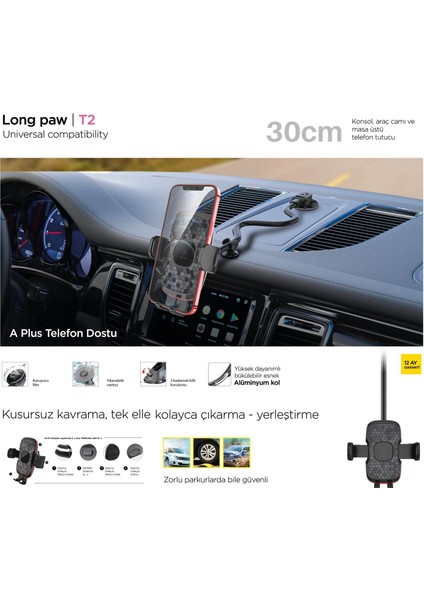 Long Paw T2 Vantuzlu Araç Içi Telefon Tutucu