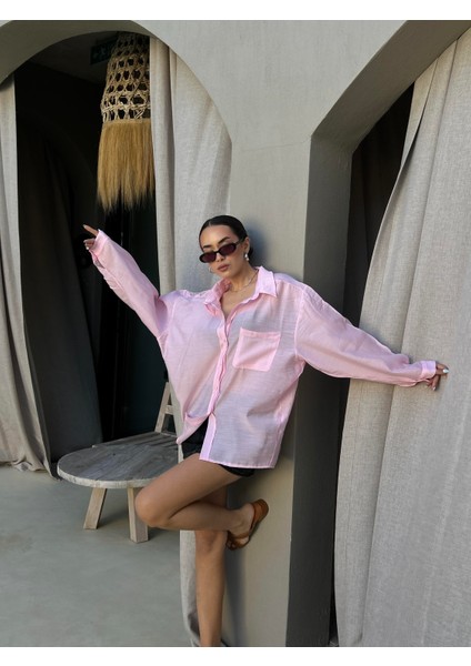 Kadın Pembe Modal Kumaş Oversize Gömlek 29181 modelleri