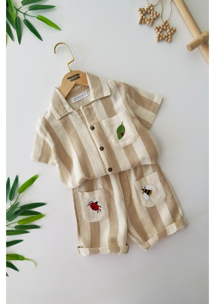 Uğur Böceği Işleme Detaylı Çizgili Unisex Çocuk pamuklu takım - Gri
