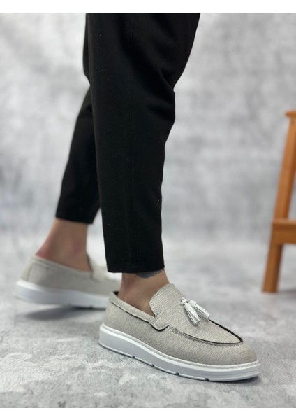 ET0005 Bağcıksız Yüksek Taban Klasik Yeni Keten Gri Püsküllü Erkek Ayakkabı