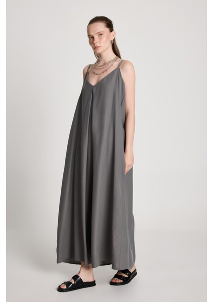 Kadın Antrasit %100 Modal Askılı Bol Kesim Uzun Elbise 29201