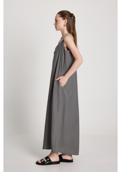 Kadın Antrasit %100 Modal Askılı Bol Kesim Uzun Elbise 29201 modelleri
