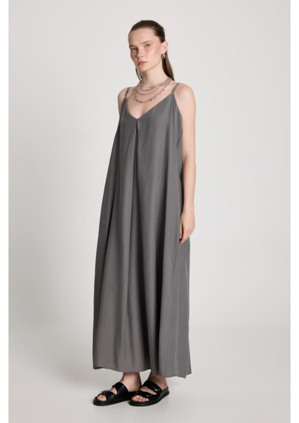 Kadın Antrasit %100 Modal Askılı Bol Kesim Uzun Elbise 29201 indirimleri