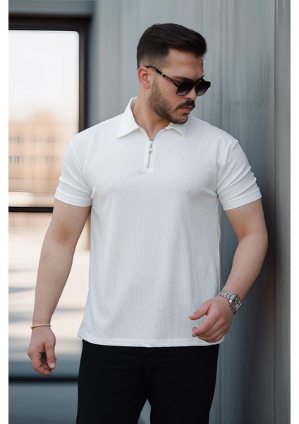 Likralı Örme Yarım Fermuar Polo Yaka Erkek tişört - Ekru