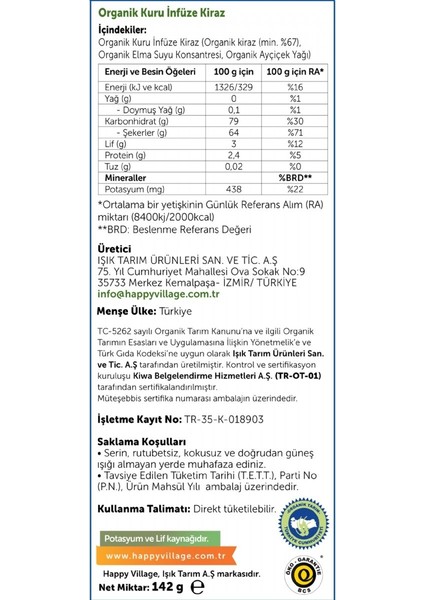 Organik İnfüze Kuru Kiraz (2x142) 284 GR fiyatları