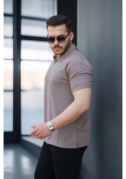 Likralı Örme Yarım Fermuar Polo Yaka Erkek tişört - Kahve