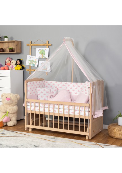 Ahşap Organik Beşik Anne Yanı Beşik 3 Kademeli Lüx Bebek Beşiği 60 x 120 cm - Pembe Balina Uyku Setli & Soft Yataklı