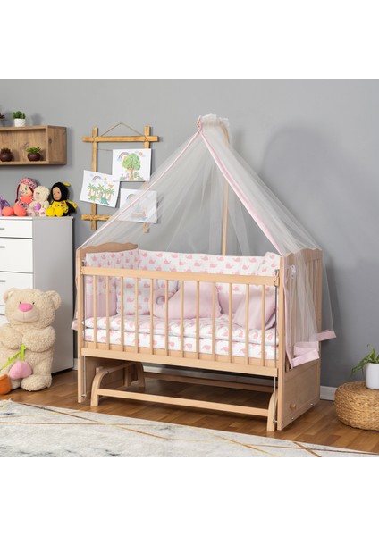 Ahşap Organik Beşik Anne Yanı Beşik 3 Kademeli Lüx Bebek Beşiği 60 x 120 cm - Pembe Balina Uyku Setli & Soft Yataklı fiyatları