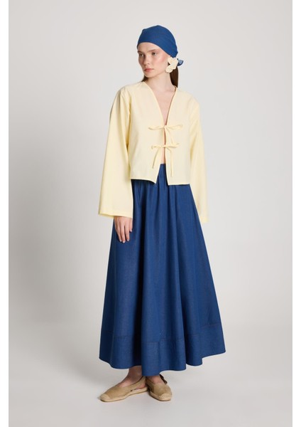 Kadın Sarı Poplin Uzun Kollu V Yaka Önden Bağlamalı Bluz Günlük Kullanım İçin