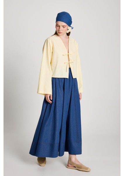 Kadın Sarı Poplin Uzun Kollu V Yaka Önden Bağlamalı Bluz Günlük Kullanım İçin fiyatları