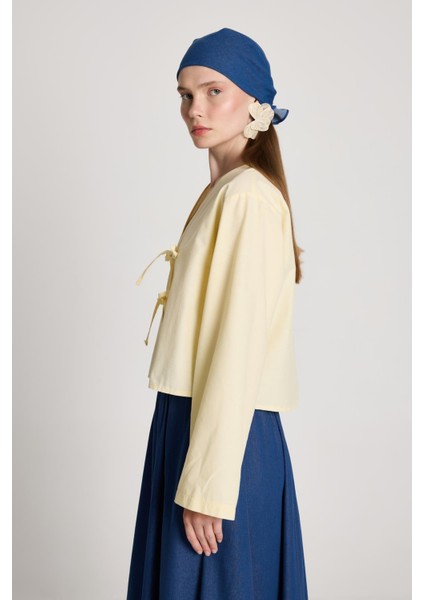 Kadın Sarı Poplin Uzun Kollu V Yaka Önden Bağlamalı Bluz Günlük Kullanım İçin fırsatları