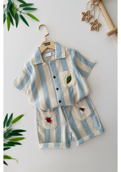 Uğur Böceği Işleme Detaylı Çizgili Unisex Çocuk pamuklu takım - Mavi