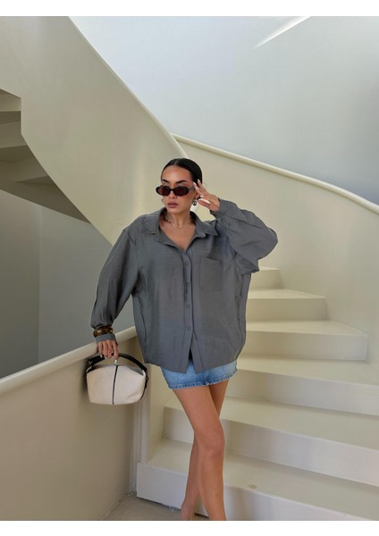 Kadın Antrasit Modal Kumaş Oversize Gömlek 29181