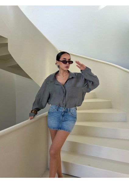 Kadın Antrasit Modal Kumaş Oversize Gömlek 29181 indirimleri