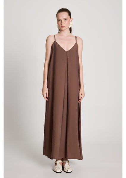 Kadın Kahve %100 Modal Askılı Bol Kesim Uzun Elbise 29201 fiyatları