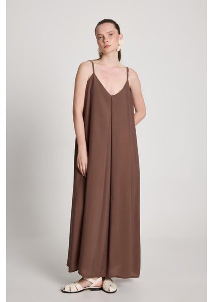 Kadın Kahve %100 Modal Askılı Bol Kesim Uzun Elbise 29201 fırsatları