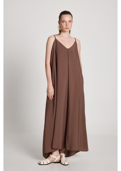 Kadın Kahve %100 Modal Askılı Bol Kesim Uzun Elbise 29201 indirimleri