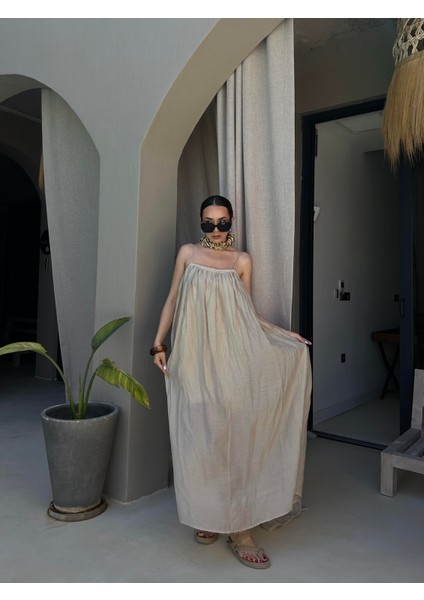 Kadın Bej Yakası Inci Detaylı Ip Askılı Modal Uzun Elbise 29159