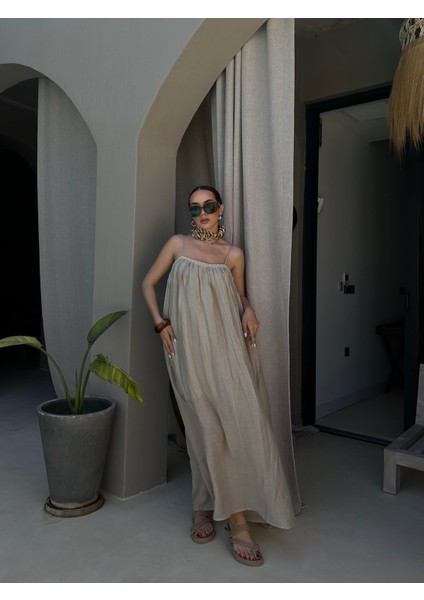 Kadın Bej Yakası Inci Detaylı Ip Askılı Modal Uzun Elbise 29159 fiyatları