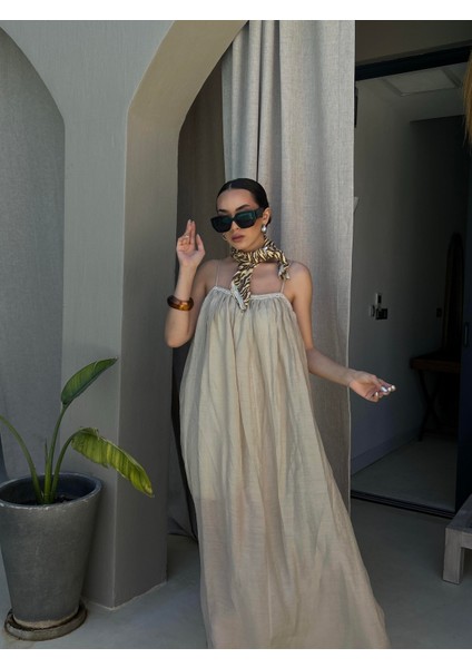 Kadın Bej Yakası Inci Detaylı Ip Askılı Modal Uzun Elbise 29159 modelleri
