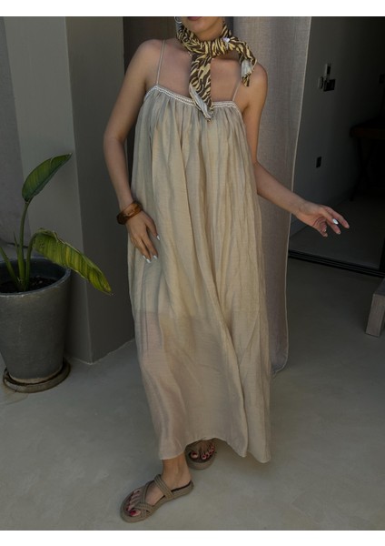 Kadın Bej Yakası Inci Detaylı Ip Askılı Modal Uzun Elbise 29159 fırsatları