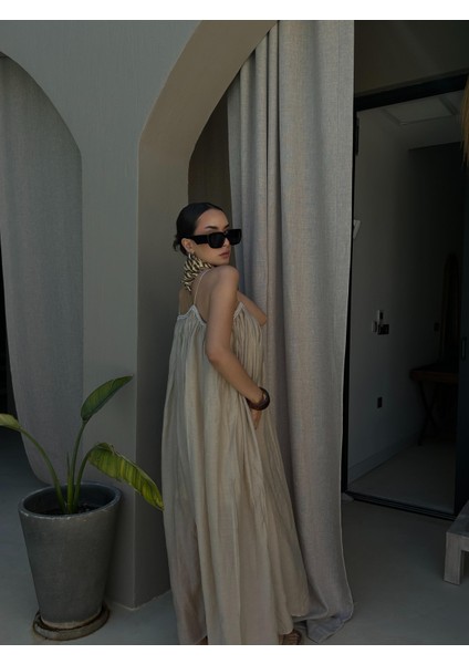 Kadın Bej Yakası Inci Detaylı Ip Askılı Modal Uzun Elbise 29159 indirimleri