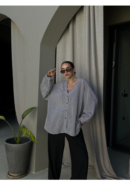 Kadın Acı Kahve Modal Kumaş Oversize Kesim Çizgili Gömlek 29208