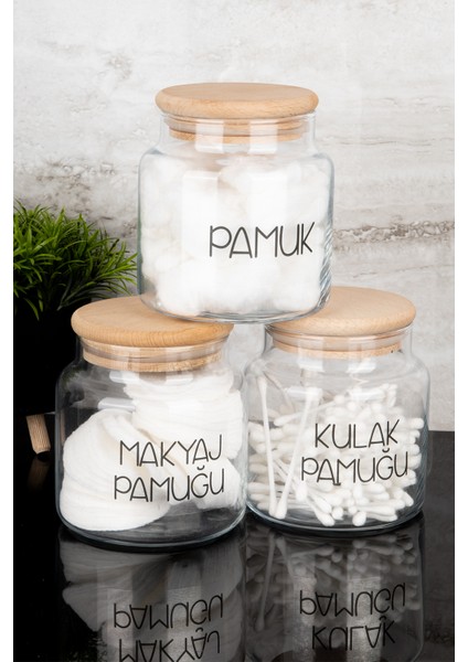 3lü 500ML Ahşap Kapaklı Cam Pamuk Seti Şeffaf Etiketli Pamuk Kulak Pamuğu Makyaj Pamuğu Banyo Seti
