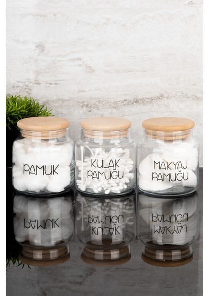 3lü 500ML Ahşap Kapaklı Cam Pamuk Seti Şeffaf Etiketli Pamuk Kulak Pamuğu Makyaj Pamuğu Banyo Seti modelleri