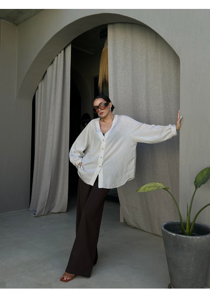 Kadın Bej Modal Kumaş Oversize Kesim Çizgili Gömlek 29208