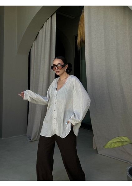 Kadın Bej Modal Kumaş Oversize Kesim Çizgili Gömlek 29208 fiyatları