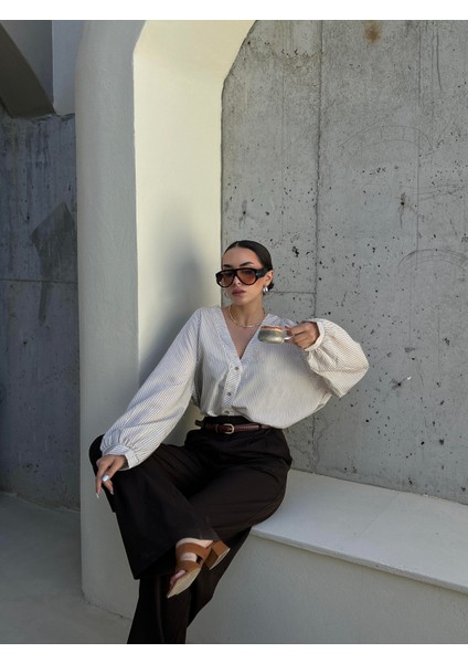 Kadın Bej Modal Kumaş Oversize Kesim Çizgili Gömlek 29208 fırsatları