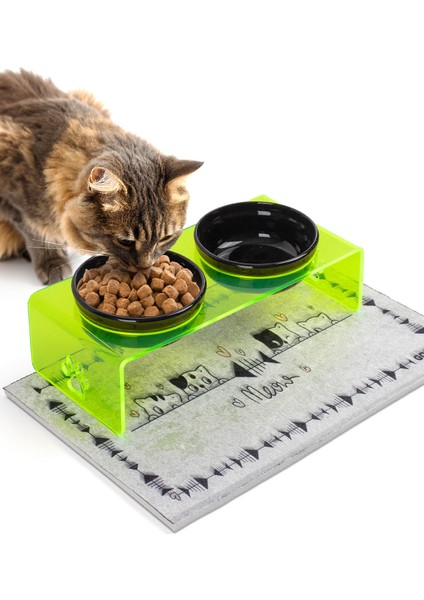 2'li Yeşil Pleksi Dekoratif Kedi ve Köpek Seramik Mama & Su Kabı Paspas Hediye