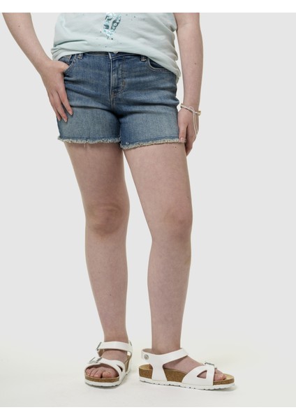 Kız Çocuk Mavi Mid Rise Midi Denim Şort