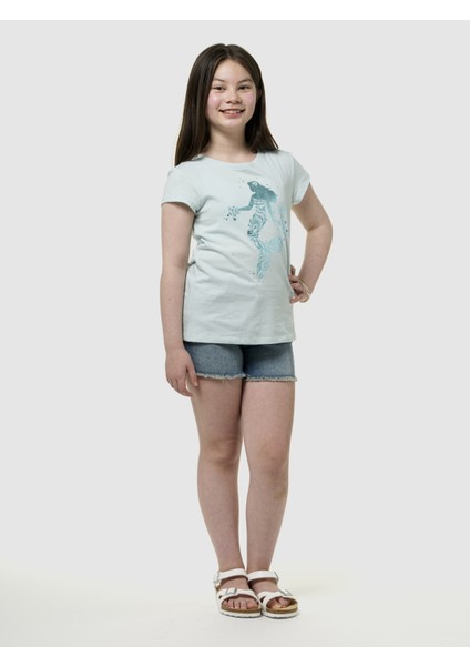 Kız Çocuk Mavi Mid Rise Midi Denim Şort