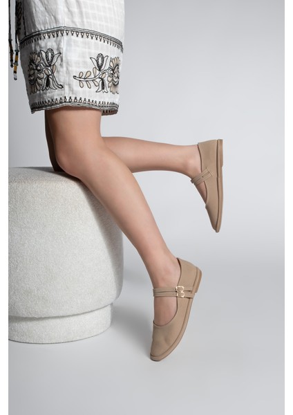 Kadın Çift Bantlı Tokalı Süet Babet Benus Camel Süet fırsatları