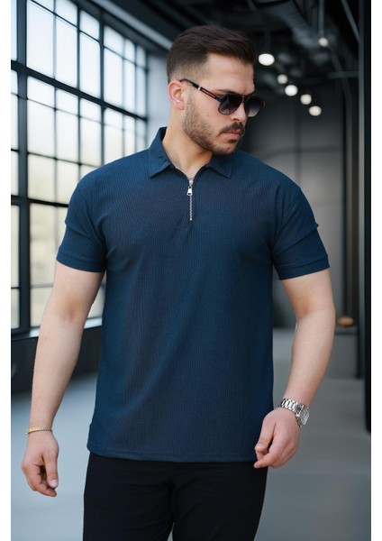 Likralı Örme Yarım Fermuar Polo Yaka Erkek tişört - Lacivert