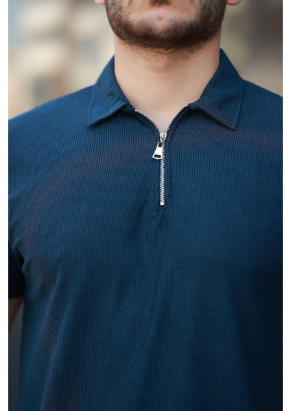 Likralı Örme Yarım Fermuar Polo Yaka Erkek tişört - Lacivert fiyatları