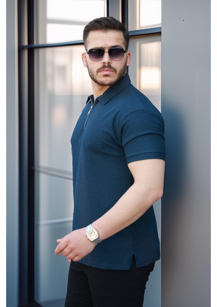 Likralı Örme Yarım Fermuar Polo Yaka Erkek tişört - Lacivert modelleri