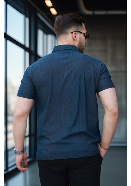 Likralı Örme Yarım Fermuar Polo Yaka Erkek tişört - Lacivert fırsatları