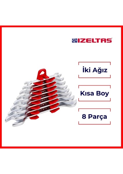 İki Ağız Anahtar Takımı, 8 Parça, Kısa Boy, Dayanıklı Çelik