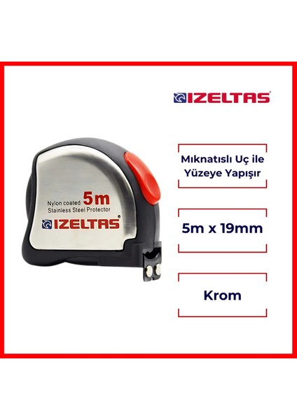 | Şerit Metre, Mıknatıslı Uç ile Yüzeye Yapışan Krom Metre, 5 m, 19 mm fiyatları