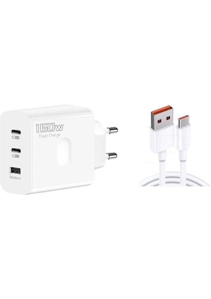 160W 2xtype-C + Usba Quick Charger 5.0 Teknolojili Ev Tipi 3 Çıkışlı 6A 120W Usba To Type-C Kablolu Şarj Aleti