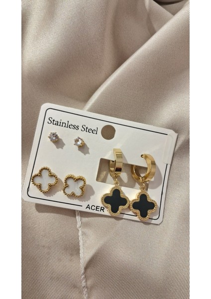 6 Lı Çoklu Gold Yonca Çelik Küpe
