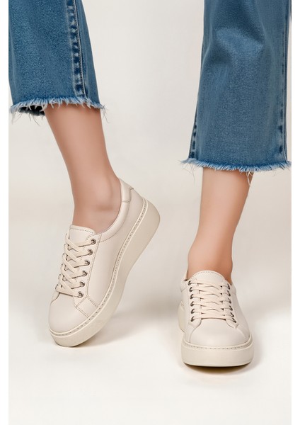 Luce Hakiki Deri Kadın Bej Casual Sneaker Ayakkabı