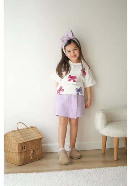 Fiyonk Detaylı Kız Çocuk Etekli Takım